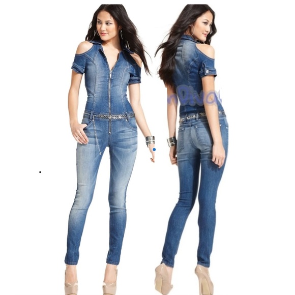 BABY PHAT Short sleeve Cold shoulder zip denim jean jumpsuit sz5